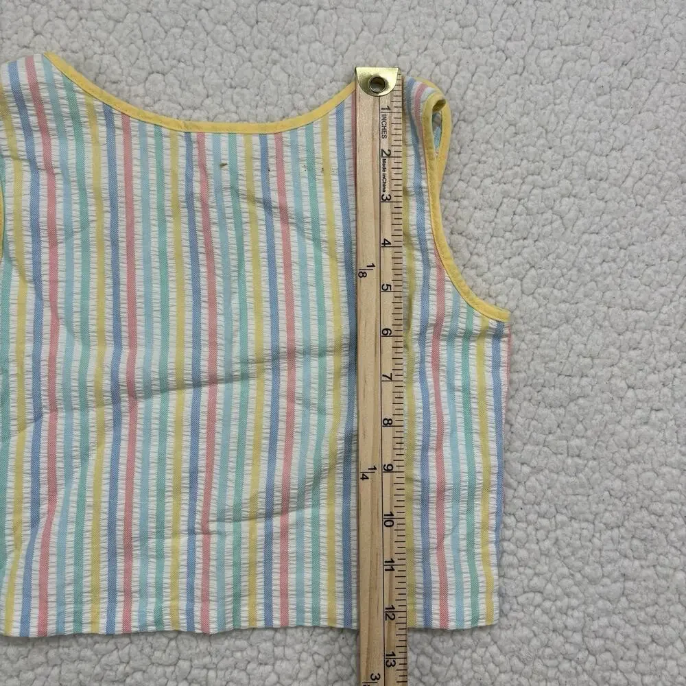 Vintage Seersucker Tank Top‎ Girls Size 6X Rainbow Stripe Button Strap Crop Top